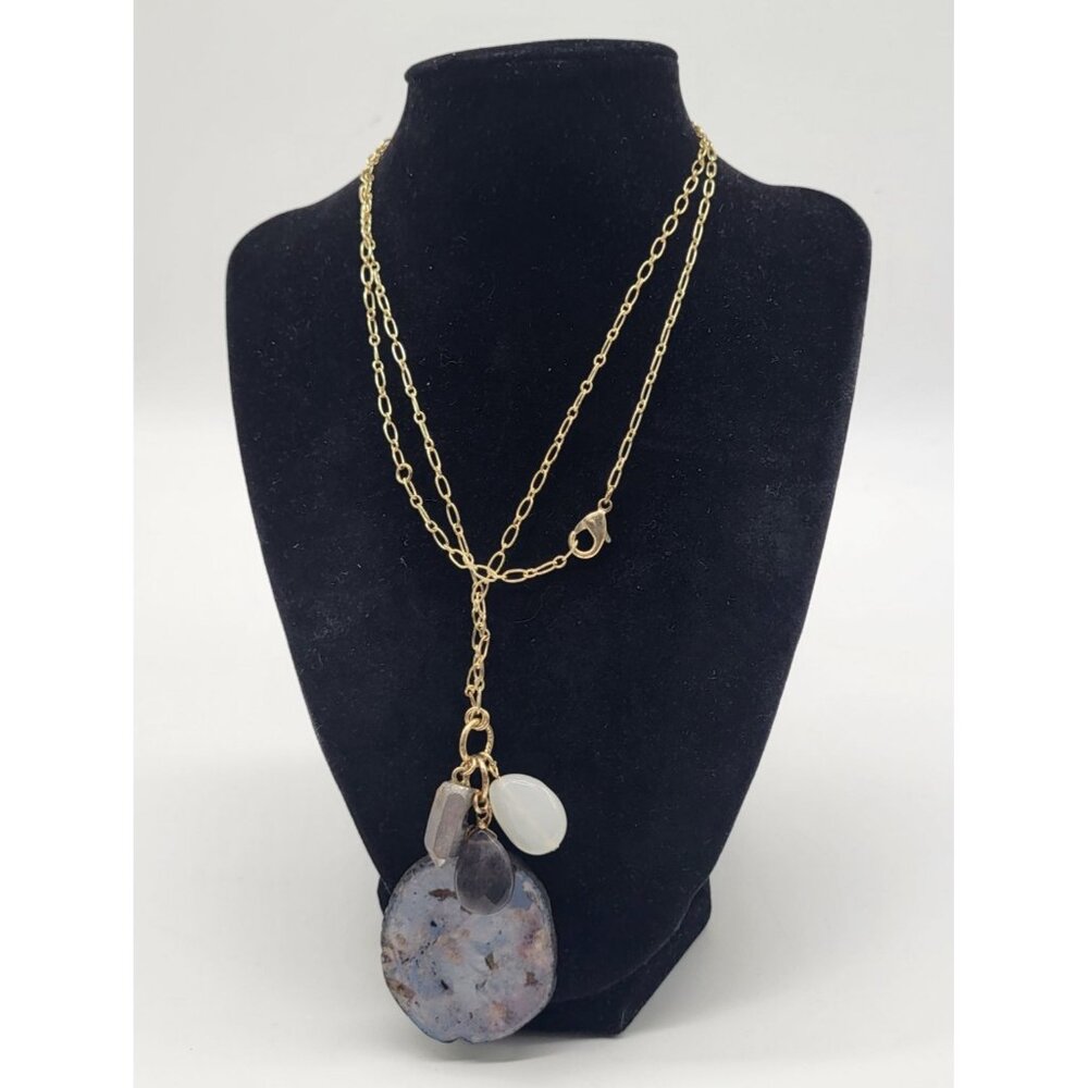 Women's Long Pendant Necklace Geode Gemstone Charms Gold Tone